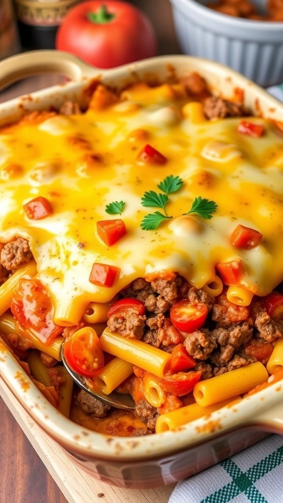 A bubbling cheesy ground beef casserole with pasta and tomatoes, garnished with parsley, in a rustic baking dish.